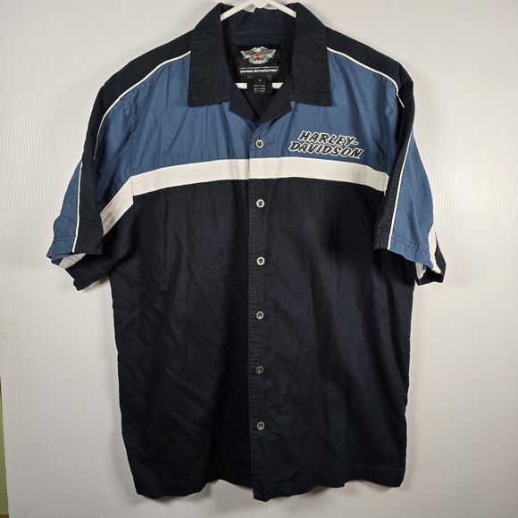 Harley-Davidson Men's Vintage Blue and Black Button Down Shirt Size L Moto - Picture 1 of 14